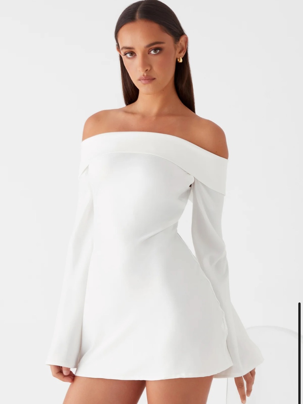 Off-Shoulder Long Sleeve Satin White Women's Dress